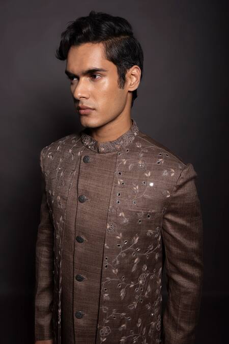 Gram Of Ink_Grey Jacket And Pant- Matka & Kurta - Katan Embroidery Double Flap Set_Online_at_Aza_Fashions