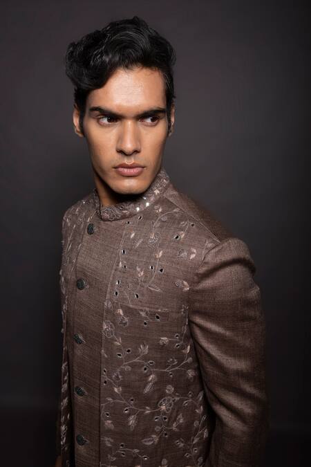 Buy_Gram Of Ink_Grey Jacket And Pant- Matka & Kurta - Katan Embroidery Double Flap Set_Online_at_Aza_Fashions