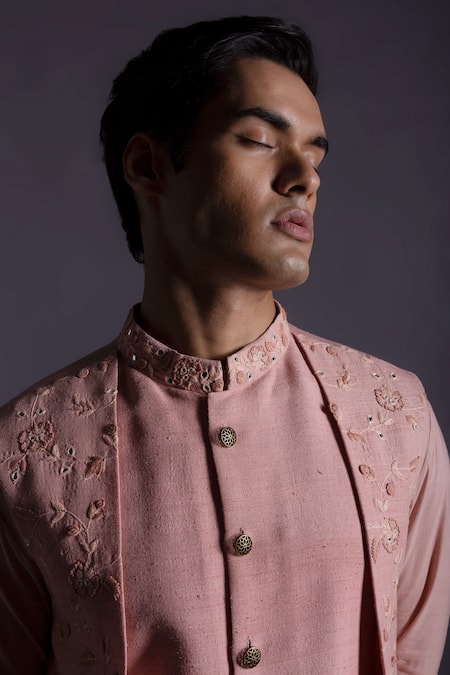 Buy_Gram Of Ink_Pink Bundi - Matka Silk Embroidery Thread And Kurta Set_Online_at_Aza_Fashions