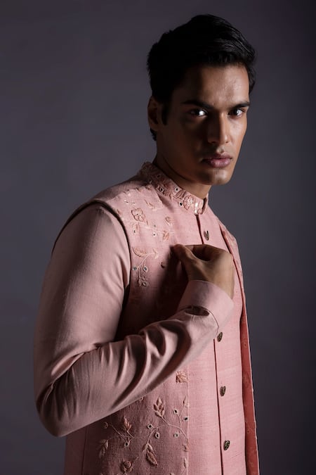 Shop_Gram Of Ink_Pink Bundi - Matka Silk Embroidery Thread And Kurta Set_Online_at_Aza_Fashions