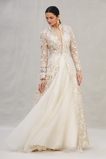 Buy_Asal By Abu Sandeep_White Net Jacket Band Collar Embroidered And Lehenga Set_Online_at_Aza_Fashions