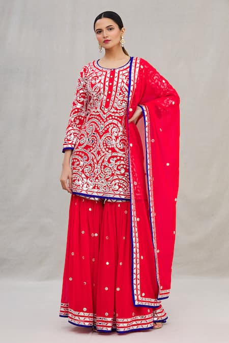 ASAL by Abu Sandeep Red Viscose Georgette Embroidery Round Kurta Sharara Set 