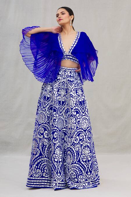 Buy_Asal By Abu Sandeep_Blue Viscose Georgette Embroidery V Neck Pleated Blouse And Lehenga Set _Online_at_Aza_Fashions