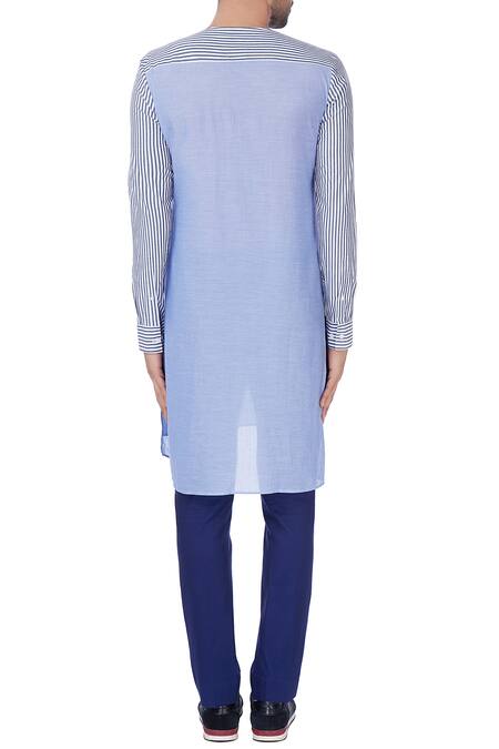 Shop Dhruv Vaish Blue Linen Striped Kurta at Aza Fashions Shop_Dhruv Vaish_Blue Linen Striped Kurta_at_Aza_Fashions