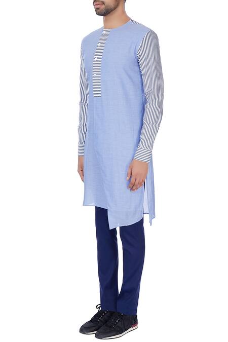 Buy Dhruv Vaish Blue Linen Striped Kurta Online at Aza Fashions Buy_Dhruv Vaish_Blue Linen Striped Kurta_Online_at_Aza_Fashions