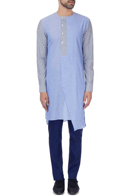 Shop Dhruv Vaish Blue Linen Striped Kurta Online at Aza Fashions Shop_Dhruv Vaish_Blue Linen Striped Kurta_Online_at_Aza_Fashions