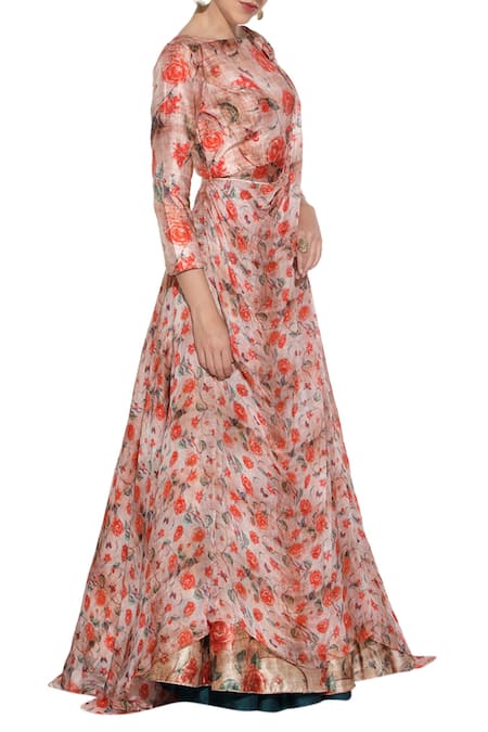Nautanky_Red Silk, Raw Silk, Chiffon Floral Print Boat Neck Lehenga And Drape Jacket _Online_at_Aza_Fashions