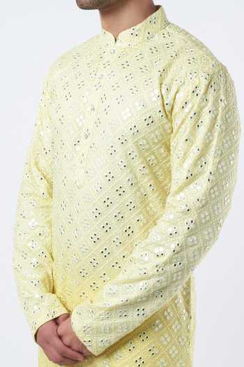 Kasbah_Yellow Georgette, Silk, Cotton Mirrors Embroidered Kurta Set _Online_at_Aza_Fashions
