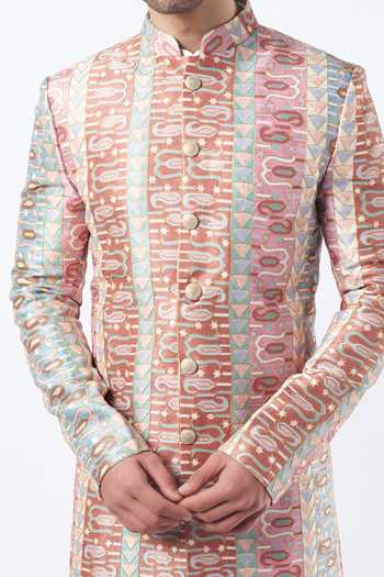 Kasbah_Pink Chanderi Embroidery Sherwani Set _Online_at_Aza_Fashions