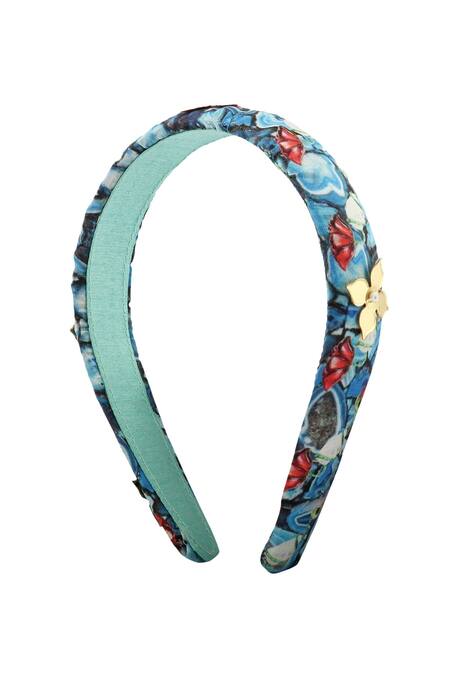 Puneet Gupta Blue Beads Satin Floral Printed Hairband