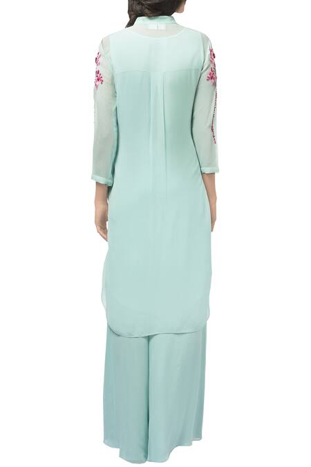 Shop_Limerick by Abirr N' Nanki_Green Band Collar Draped Kurta Palazzo Set _at_Aza_Fashions