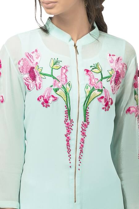 Limerick by Abirr N' Nanki_Green Band Collar Draped Kurta Palazzo Set _Online_at_Aza_Fashions