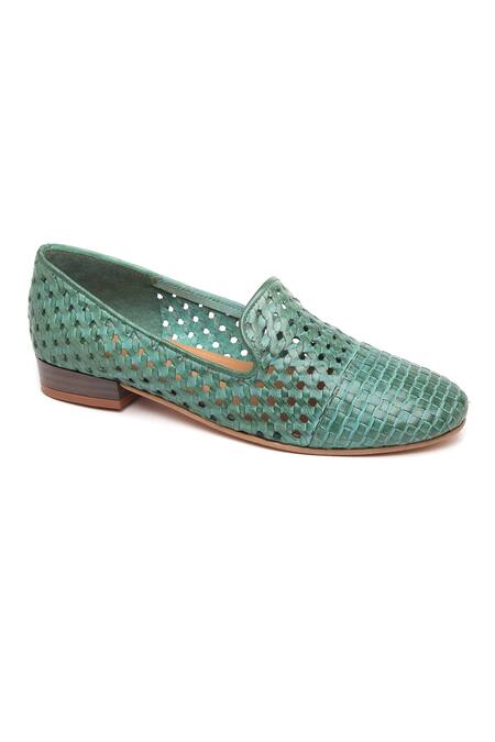 Tissr_Green Leather Textured Loafers_Online_at_Aza_Fashions