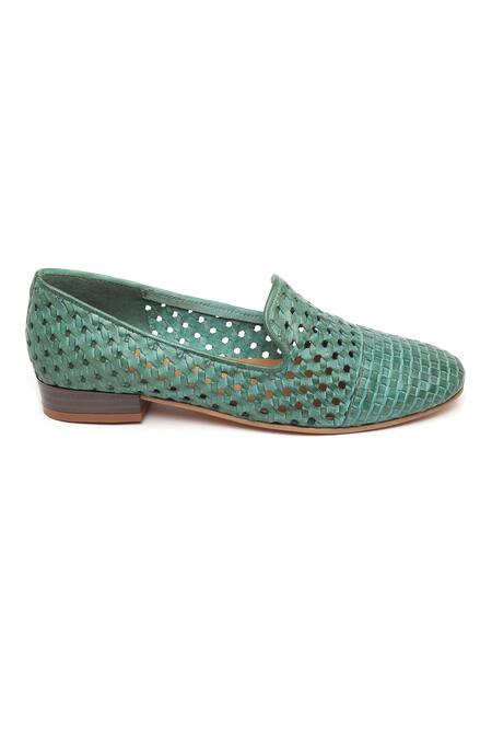 Buy_Tissr_Green Leather Textured Loafers_Online_at_Aza_Fashions