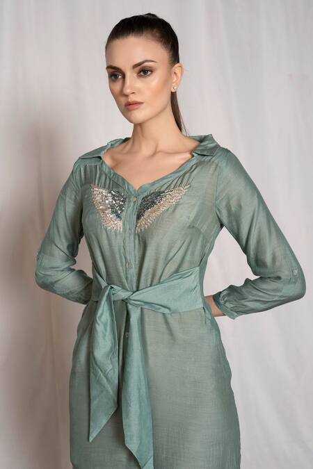 Shop_Amrta By Guneet Kondal_Blue Viscose, Modal Sequins, Cut Work Collared Wing Embroidered Shirt Dress _Online_at_Aza_Fashions