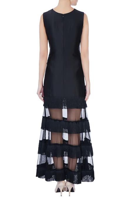 Shop_Samatvam By Anjali Bhaskar_Black Net, Satin, Taffeta Cutdana, Nalki Jewel Neck Embellished Gown _at_Aza_Fashions