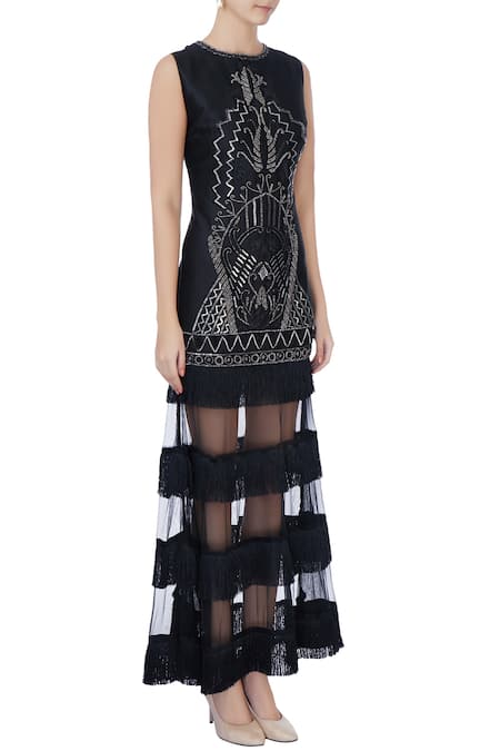 Samatvam By Anjali Bhaskar_Black Net, Satin, Taffeta Cutdana, Nalki Jewel Neck Embellished Gown _Online_at_Aza_Fashions