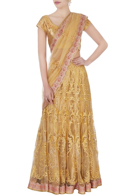 Bhairavi Jaikishan Gold Zardozi Saree With Blouse And Petticoat