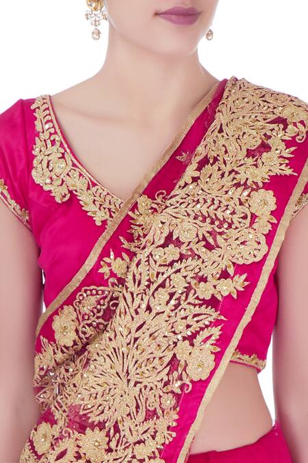 Buy_Bhairavi Jaikishan_Pink Embroidered Saree With Blouse And Petticoat_Online_at_Aza_Fashions