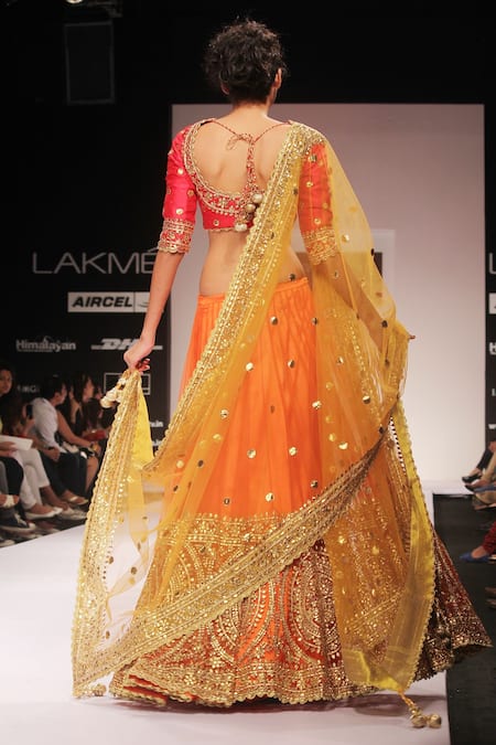 Shop_Preeti S Kapoor_Orange Dupion Silk Embroidered U Neck Lehenga Set _at_Aza_Fashions