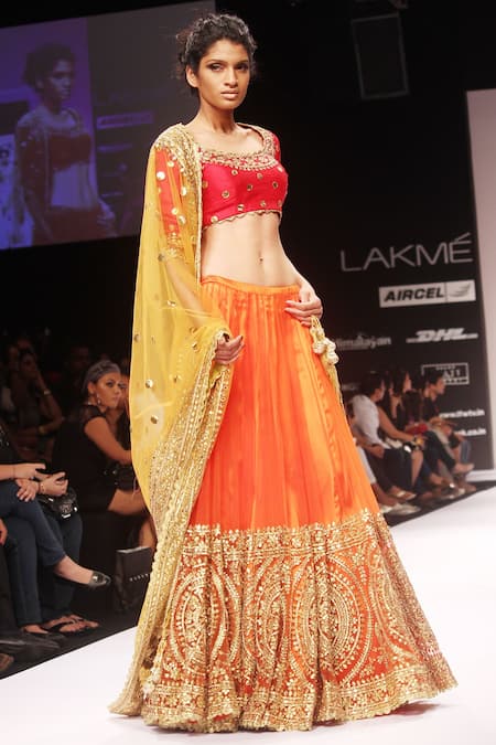 Preeti S Kapoor_Orange Dupion Silk Embroidered U Neck Lehenga Set _Online_at_Aza_Fashions