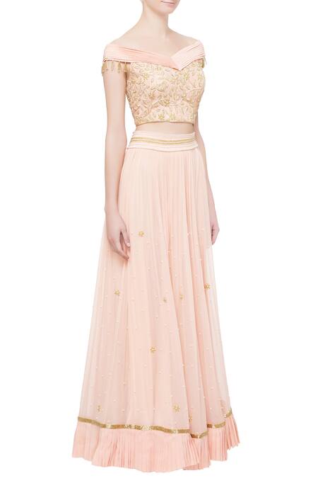 Kresha Lulla_Peach Pleated Lehenga And Off-shoulder Blouse_Online_at_Aza_Fashions