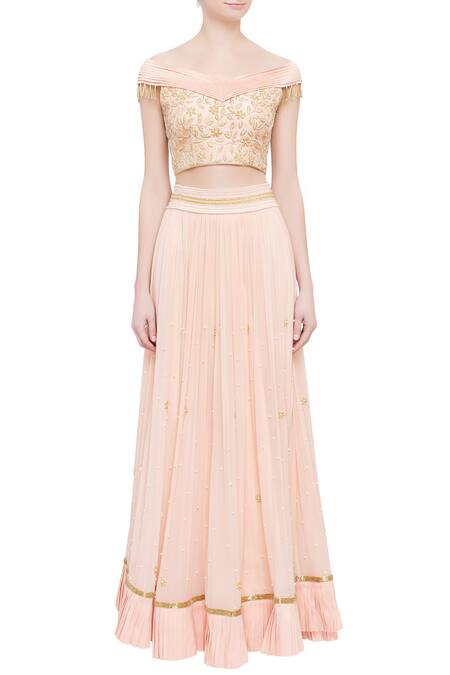 Shop_Kresha Lulla_Peach Pleated Lehenga And Off-shoulder Blouse_Online_at_Aza_Fashions