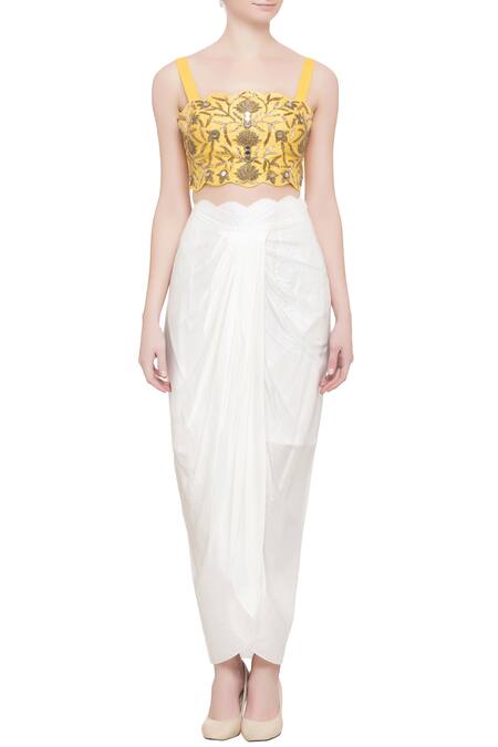 Shop_Kresha Lulla_White Yellow Crop Top With Jacket And Skirt_Online_at_Aza_Fashions