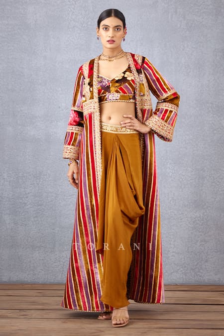 Torani_Yellow Velvet And Crepe Digital Aftaabi Adilah Cape & Dhoti Pant Set _at_Aza_Fashions