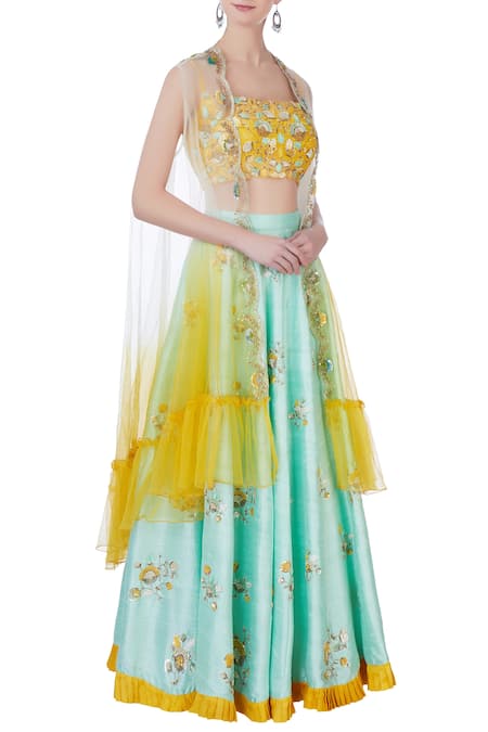 Priyanka Jain Blue and yellow embroidered lehenga set 