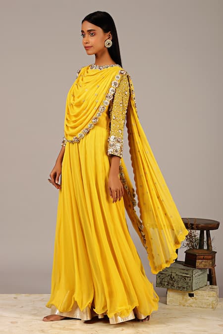 Nidhika Shekhar Yellow Georgette Silk Lining Shantoon Round Draped Anarkali Gown Online at Aza Fashions Nidhika Shekhar_Yellow Georgette Silk Lining Shantoon Round Draped Anarkali Gown _Online_at_Aza_Fashions