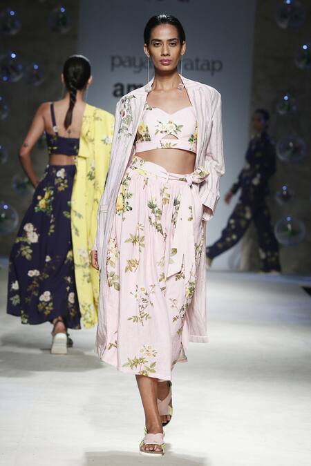 Payal Pratap Pink Linen Printed Floral Skirt For Women