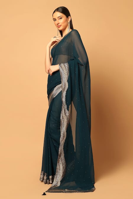 Shop Two Sisters By Gyans Blue Georgette Wave Pattern Embroidered Saree With Unstitched Blouse Fabric Online at Aza Fashions Shop_Two Sisters By Gyans_Blue Georgette Wave Pattern Embroidered Saree With Unstitched Blouse Fabric _Online_at_Aza_Fashions