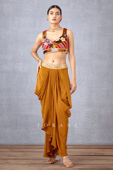 Buy_Torani_Yellow Velvet And Crepe Digital Aftaabi Adilah Cape & Dhoti Pant Set 