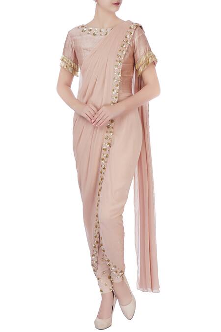 Chhavvi Aggarwal Beige Raw Silk Embellished Sequin Work Draped Saree With Pants And Blouse 