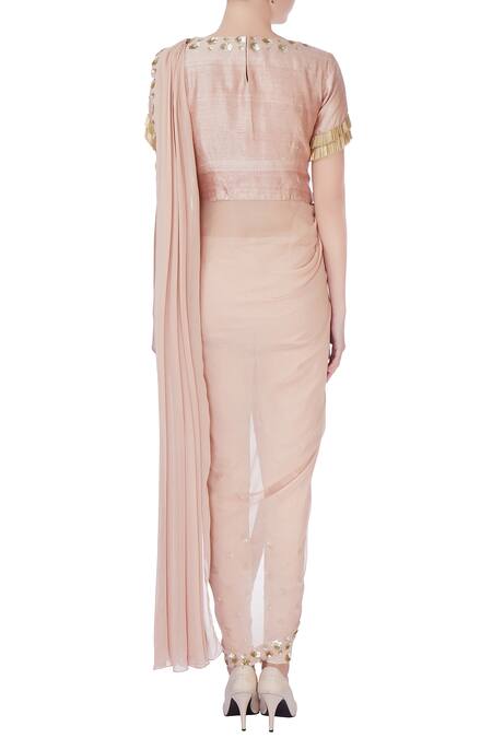 Shop_Chhavvi Aggarwal_Beige Raw Silk, Georgette Sequin Work Draped Saree With Pants And Blouse _at_Aza_Fashions