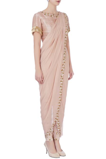 Chhavvi Aggarwal_Beige Raw Silk, Georgette Sequin Work Draped Saree With Pants And Blouse _Online_at_Aza_Fashions