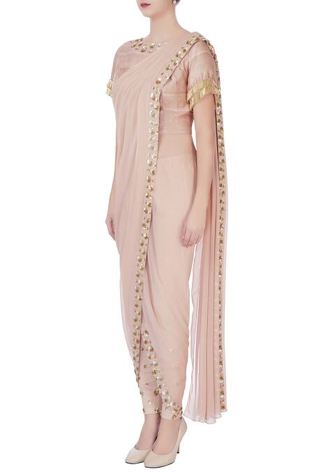 Buy_Chhavvi Aggarwal_Beige Raw Silk, Georgette Sequin Work Draped Saree With Pants And Blouse _Online_at_Aza_Fashions
