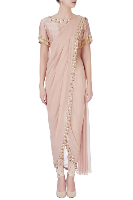 Shop_Chhavvi Aggarwal_Beige Raw Silk, Georgette Sequin Work Draped Saree With Pants And Blouse _Online_at_Aza_Fashions