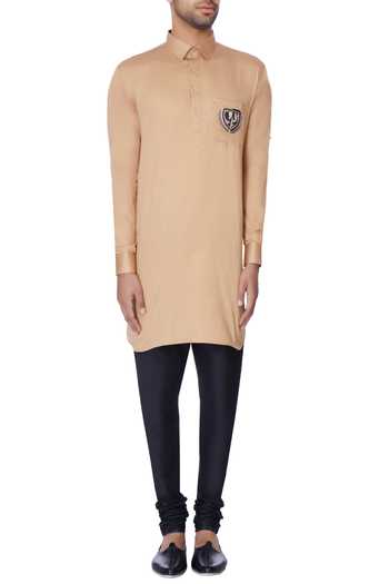 Shop_Devanshi Didwania_Beige Embroidered Front Pocket Kurta_Online_at_Aza_Fashions