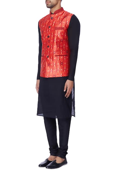 Buy_Devanshi Didwania_Red Satin Printed Bundi_Online_at_Aza_Fashions