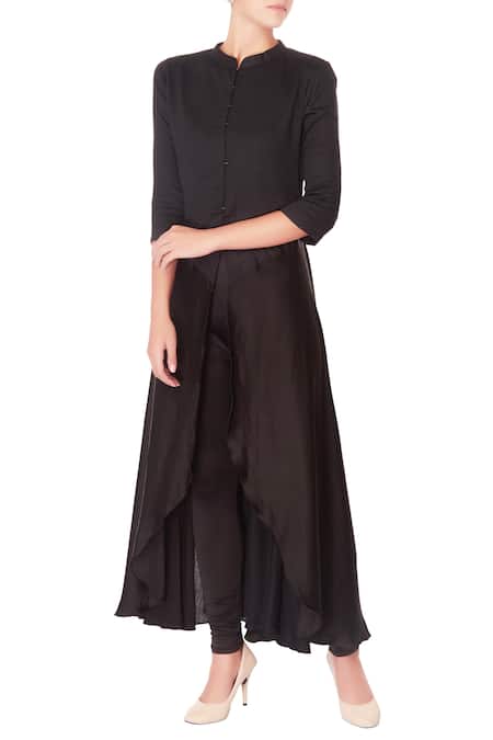 Manasi Sengupta Black Cotton Solid Mandarin Collar Layered Kurta  