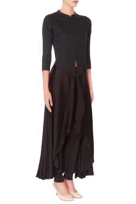 Manasi Sengupta_Black Cotton Solid Mandarin Collar Layered Kurta  _Online_at_Aza_Fashions