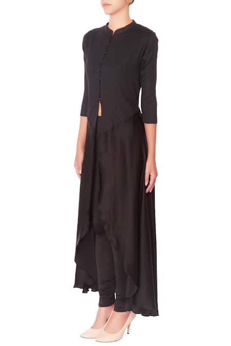 Buy_Manasi Sengupta_Black Cotton Solid Mandarin Collar Layered Kurta  _Online_at_Aza_Fashions