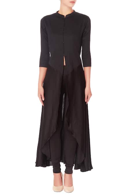 Shop_Manasi Sengupta_Black Cotton Solid Mandarin Collar Layered Kurta  _Online_at_Aza_Fashions