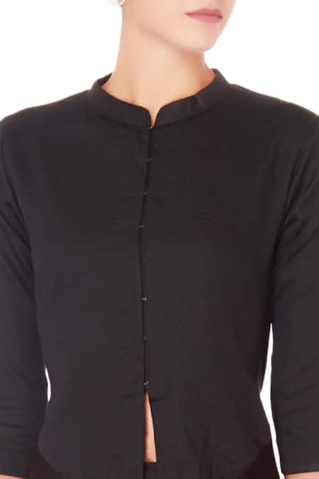 Manasi Sengupta_Black Cotton Solid Mandarin Collar Layered Kurta  _at_Aza_Fashions