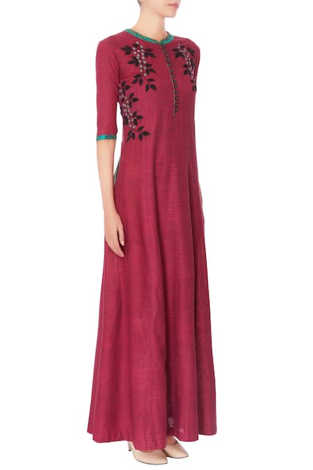 Manasi Sengupta_Maroon Linen Cotton Kurta  _Online_at_Aza_Fashions
