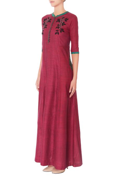 Buy_Manasi Sengupta_Maroon Linen Cotton Kurta  _Online_at_Aza_Fashions