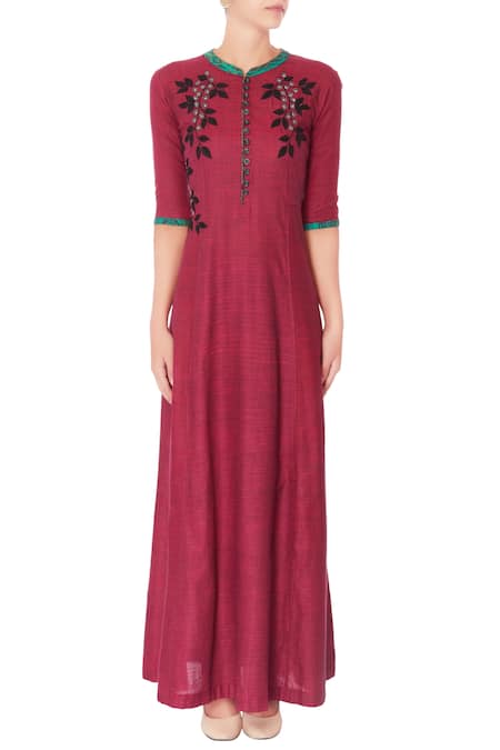 Shop_Manasi Sengupta_Maroon Linen Cotton Kurta  _Online_at_Aza_Fashions