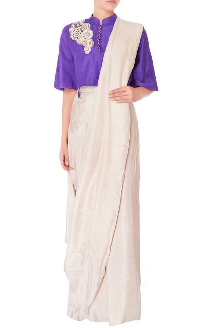 Priyanka Singh Purple Raw Silk Embellished Sequin Cream Pre-draped Saree With Blouse For Women